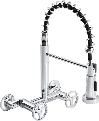 Grifo de cocina de montaje en pared con rociador abatible, grifo de fregadero de cocina comercial, 2 manijas, giratorio de 360, grifo montado en la