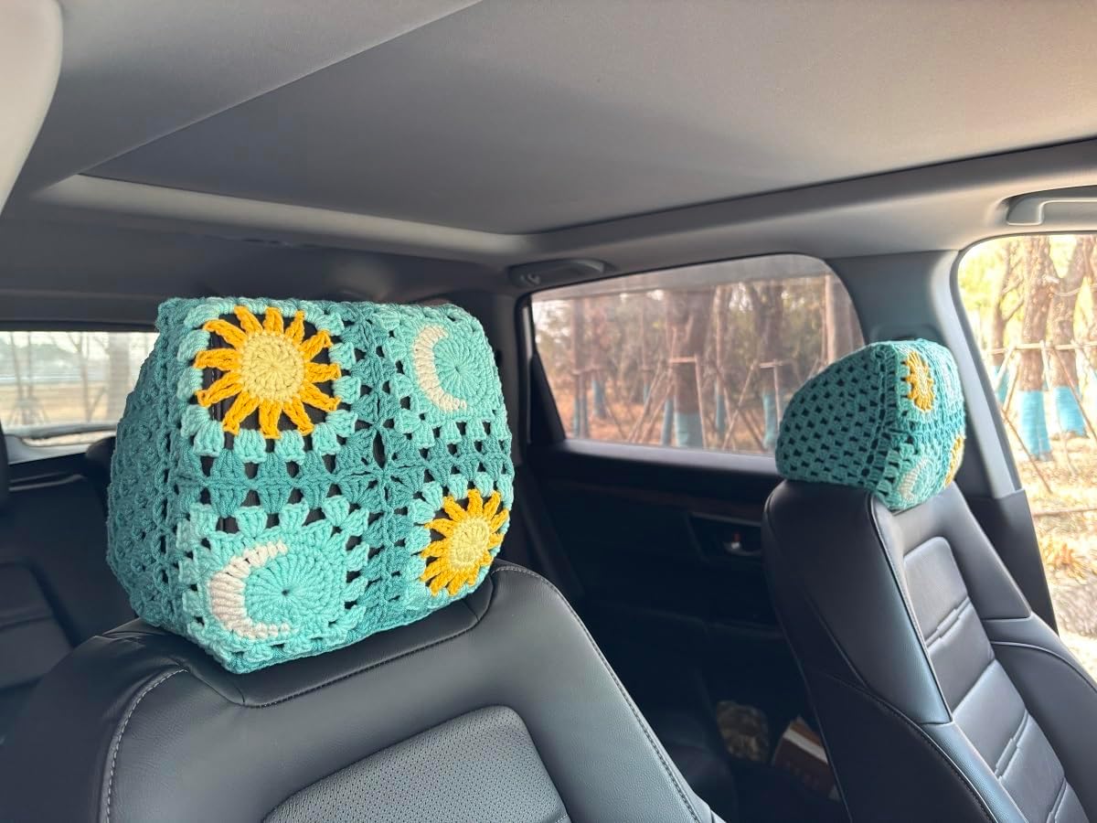 Car Headrest Cover,Crochet Soft Decorative Universal Fit, 2-Pack,for Sedans SUVs Trucks (Sun Moon)