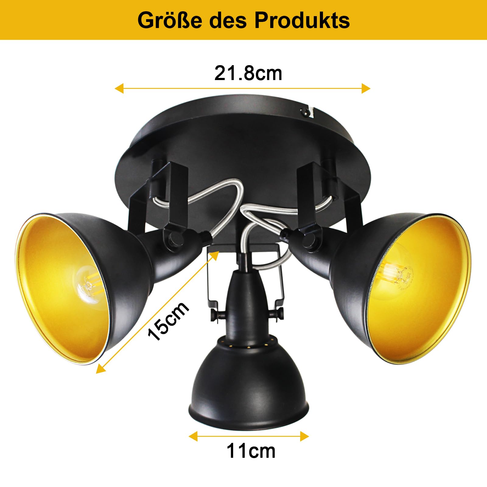 URing Plafonnier Industriel 1 Spot, Vintage Applique Murale Spot De Plafond Pivotants & Orientables Avec Douille E14, Luminaire Intérieure Pour Cuisine Couloir Chambre Coucher, Sans Ampoules, Noir/Or
