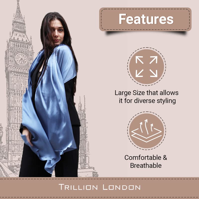 Trillion London Silk Scarf | Blue Lightweight Neck Scarf for Women | Shawl Wraps for Ladies | Suitable for Travelling & Gifting | Smooth Soft Finish | Size - 185cm * 85cm4