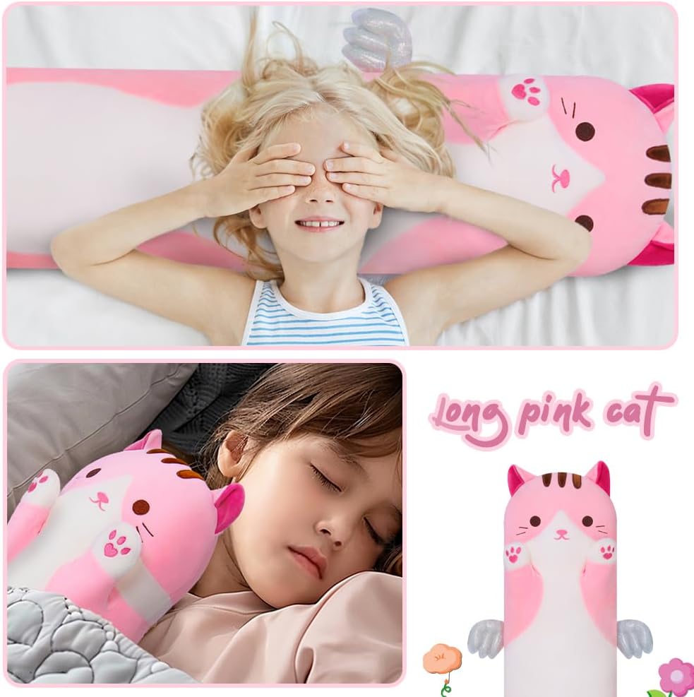 Long Cat Body Pillow for Kids, Cute Cat Stuffed Animals Gifts for Girls, Long Cat Plush Toy for Birthday, Soft Cat Plushies Pillow (Pink, 43.3in/110cm) - Image 5