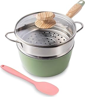 Saucepan with Steamer, ROCKURWOK Nonstick Sauce Pan Small Pot with Lid, Solid Wood Handle, 2.5 Quart, Green