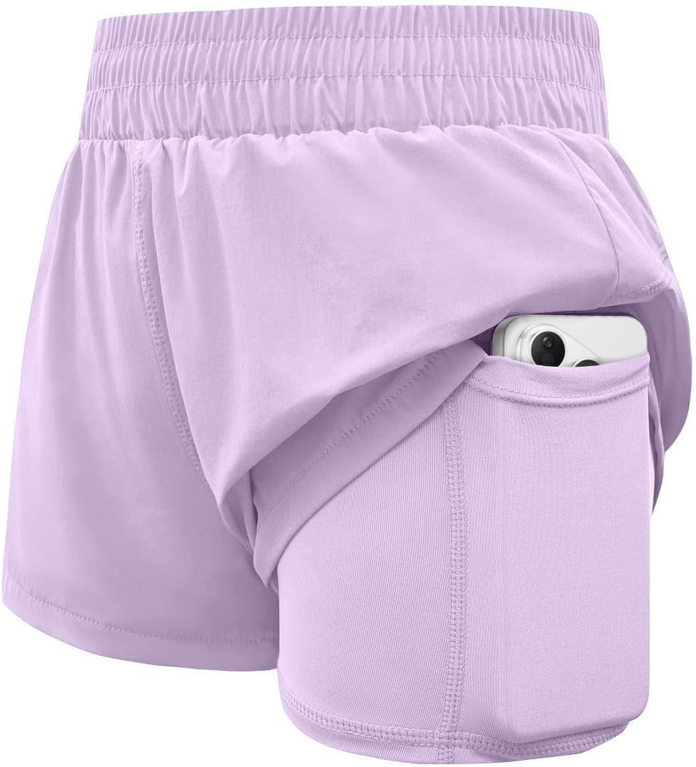 Girls Athletic Shorts Elastic High Waist 2 in 1 Shorts with Side Pockets Running Wo...
