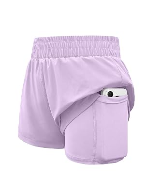 Girls Athletic Shorts Elastic High Waist 2 in 1 Shorts with Side Pockets Running Workout Sports for Teen