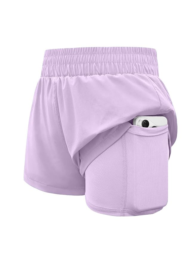 Girls Athletic Shorts Elastic High Waist 2 in 1 Shorts with Side Pockets Running Workout Sports for Teen