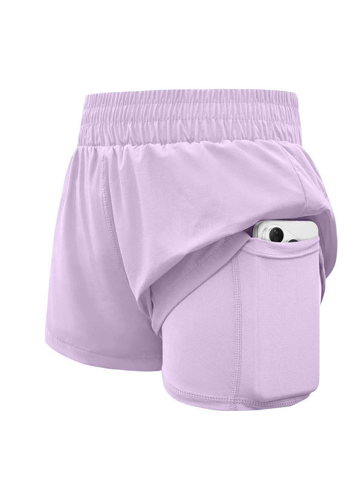 Girls Athletic Shorts Elastic High Waist 2 in 1 Shorts with Side Pockets Running Workout Sports for Teen