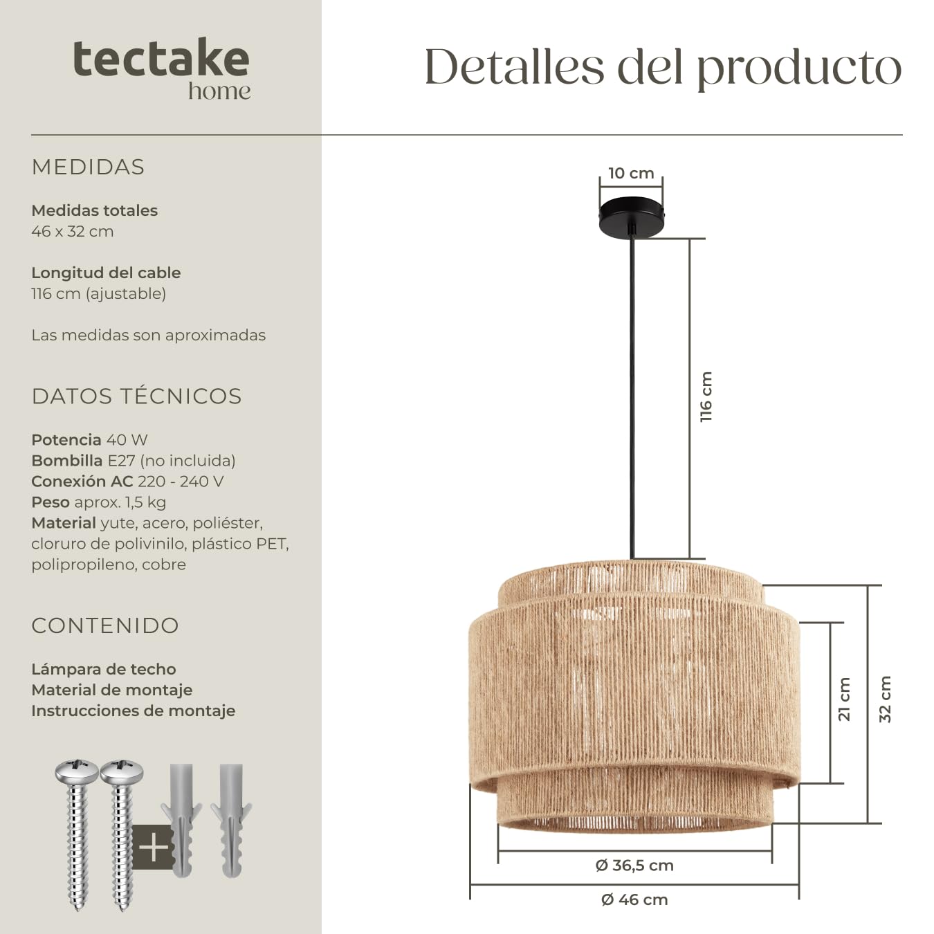 tectake® Lampara Techo Dormitorio Boho Artesanal en Yute Sostenible con Estructura de Acero, Lámpara de Techo Colgante Salón 40 W, Lampara Salon, Plafon - 46 x 46 x 32 cm