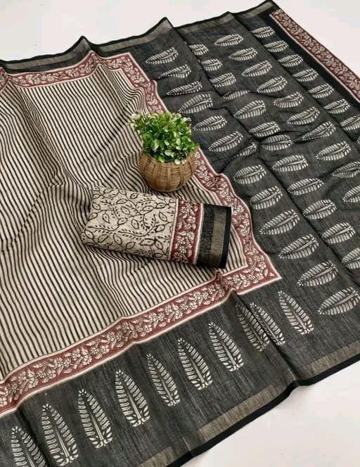 Image of Linen Saree for Women with Blouse Piece | Premium Soft Linen Cotton Saree | Lightweight Printed Traditional & Casual Wear Saree with Contrast Border