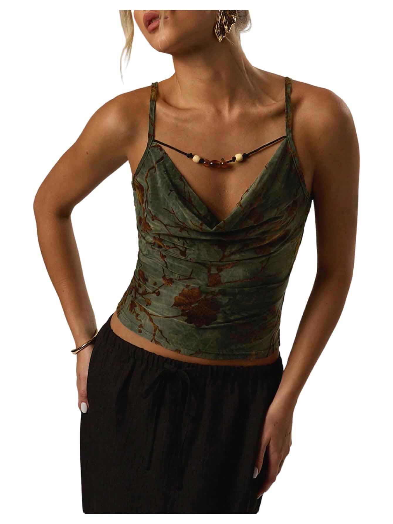 Milumia Women's Floral Print Beaded Cowl Neck Cami Top Vintage Summer Camisoles Sleeveless