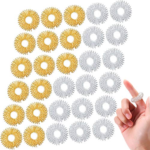 30 Pieces Spiky Sensory Finger Rings, Spiky Finger Ring/Acupressure Ring Set for Teens, Adults, Silent Stress Reducer and Massager, Gold and Silver (3 cm/ 1.18 Inch)
