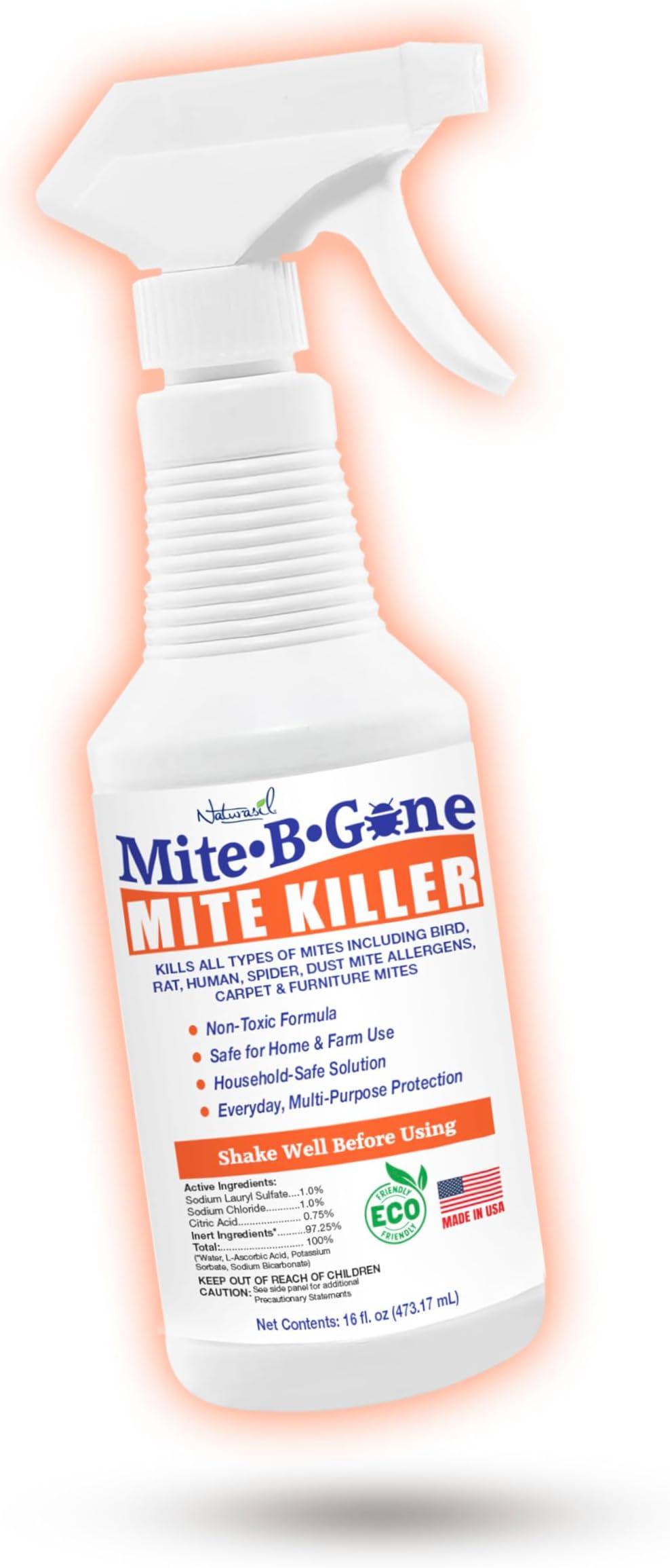 Mite Killer Spray By Mite-B-Gone — Kills Human Mites, Bird, Dust, Spider, Rat, Turkey, Carpet Mites. Treatment For Homes, Furniture, Bedding, Auto & Animals | Non-Toxic Kid Pet Safe 16Oz