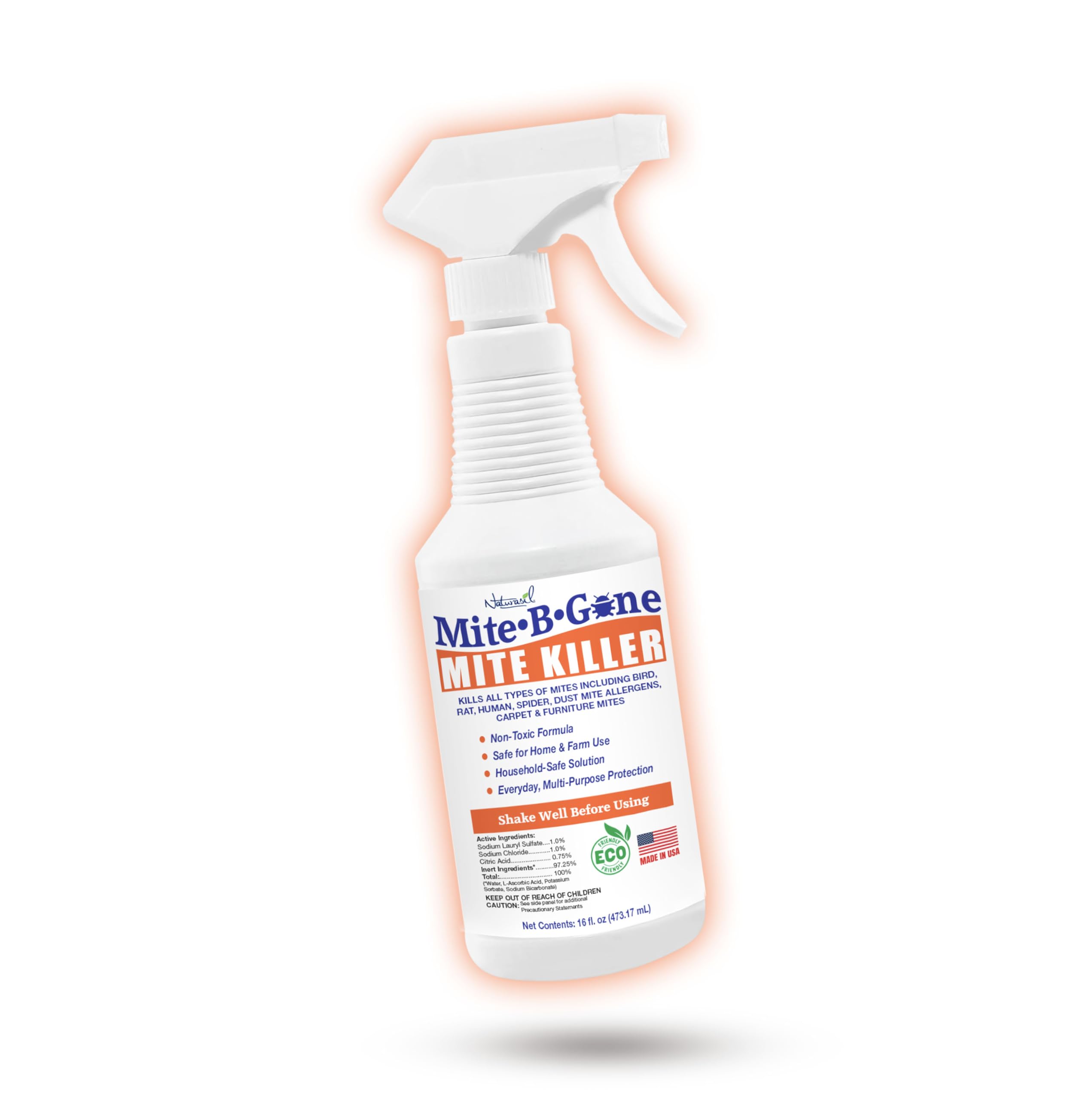 Mite Killer Spray by Mite-B-Gone — Kills Human Mites, Bird, Dust, Spider, Rat, Turkey, Carpet Mites. Treatment for Homes, Furniture, Bedding, Auto & Animals | Non-Toxic | Kid & Pet Safe | 16oz Spray