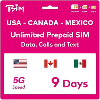 TSIM Przedpłacona karta SIM USA na 9 dni | Nieograniczone szybkie przesyłanie danych 4G/5G w USA + nieograniczona transmisja danych o niskiej prędkości w Kanadzie i Meksyku | Nieograniczone połączenia
