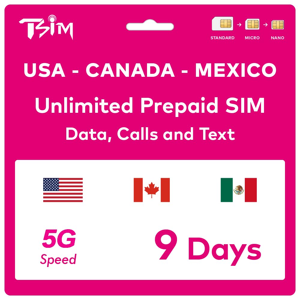 TSIM Prepaid USA SIM Card for 9 Days | Unlimited 4G/5G High-Speed Data in the USA + Unlimited Low Speed Data in Canada & Mexico | Unlimited Local Calls + Free Incoming Calls & SMS