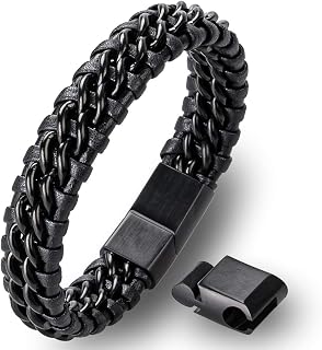 Pulsera para hombre, de piel auténtica de acero inoxidable, pulsera trenzada | caja elegante | Rocker, motorista, vikingo, gótico, punk, amigos, 19.5 centimeters, Cuero