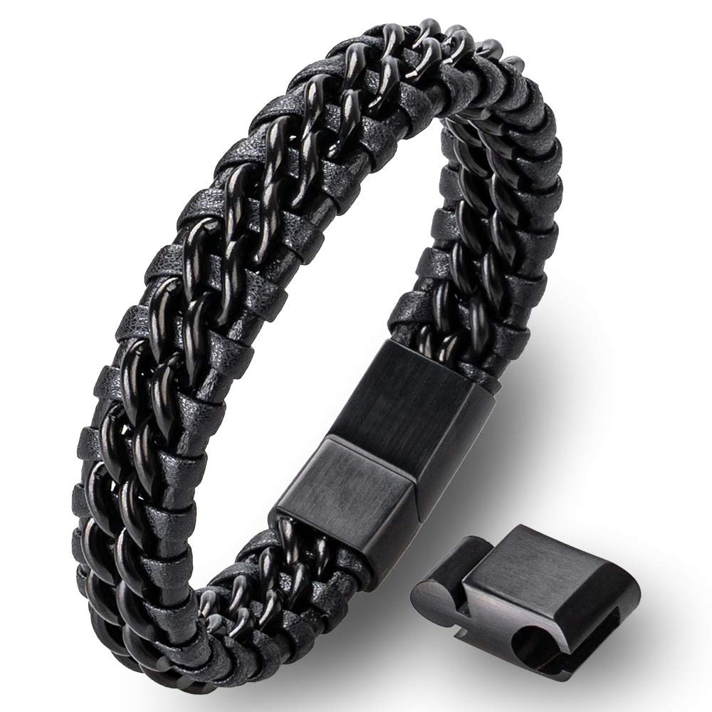 HOOFMen's Bracelet Real Leather Stainless Steel Jewellery Braided Bangle Elegant Box Rocker, Biker, Viking, Gothic, Punk, Friends