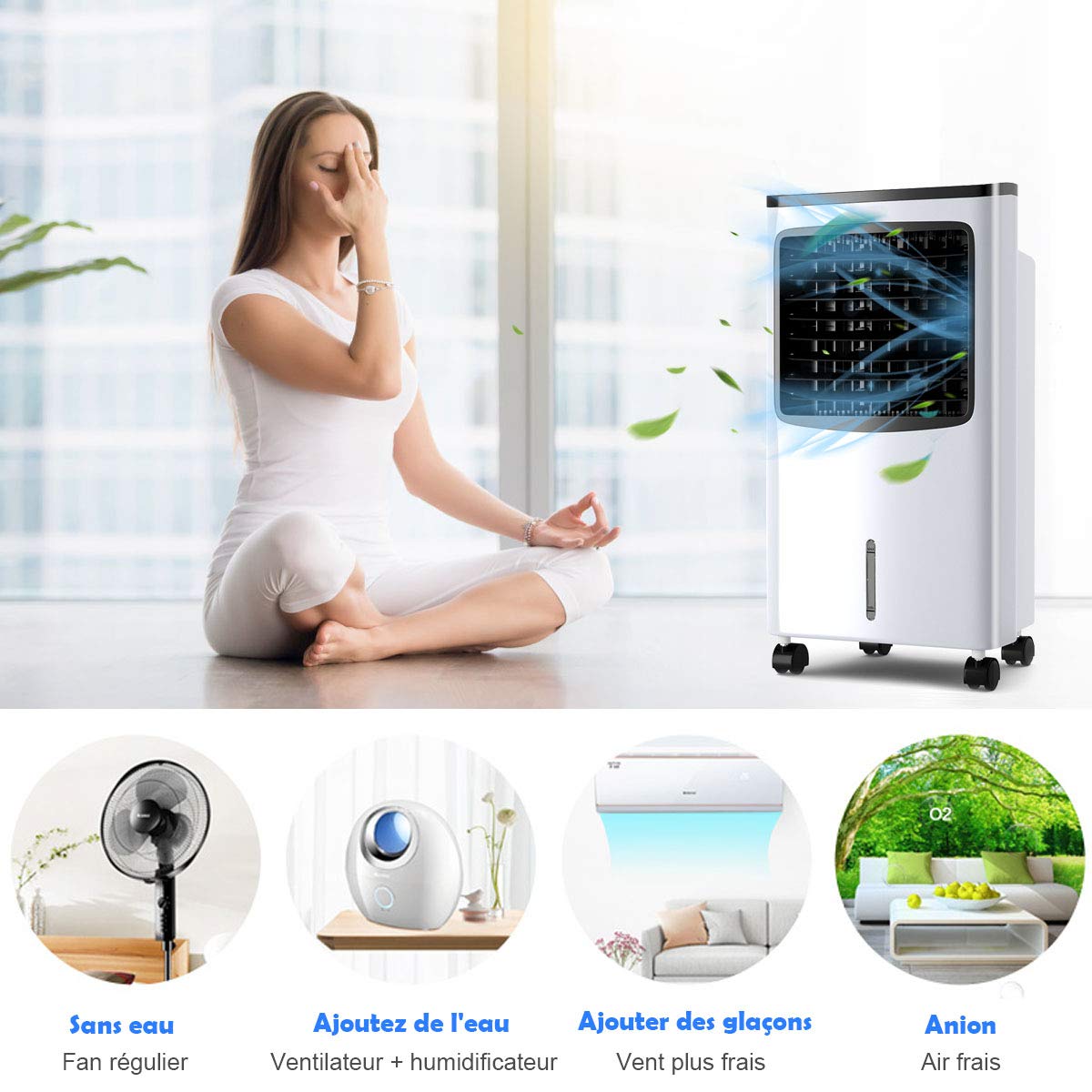 COSTWAY Rafraîchisseur d'Air Silencieux 4 EN 1,Climatiseur Mobile sans Évacuation 8L,Refroidissement,Humidificateur,Auto-Oscillation 70°,Minuterie 8H,2 Pain de Glace,Mini Clim Faible Conso