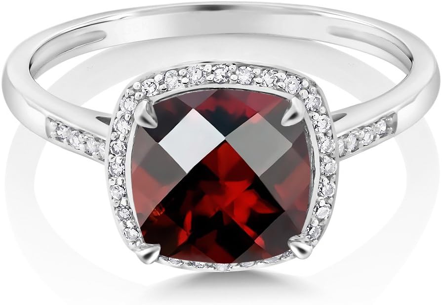 Gem Stone King 2.40 Cttw 10K White Gold Red Garnet and White Diamond Halo Engagement Ring for Women | Cushion Checkerboard 8MM | Wedding Anniversary Promise Ring