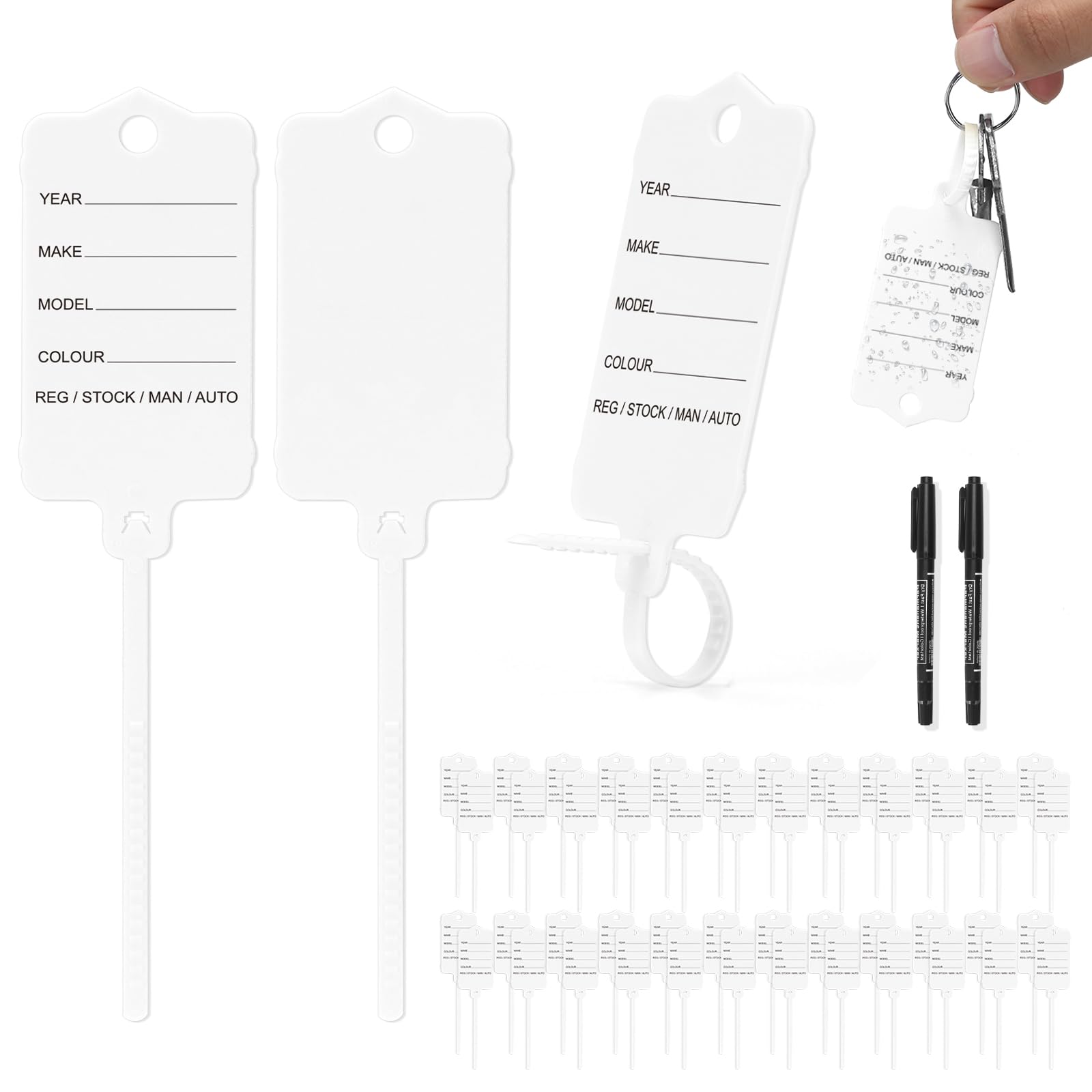 200 Pack Car Key Tags Plastic Vehicle Identification Key Tags White Self Tie Garage Tags Dealership Plastic Labels Waterproof with Marker Pen for Vehicle Dealers Sellers Private Caravan Van Garage
