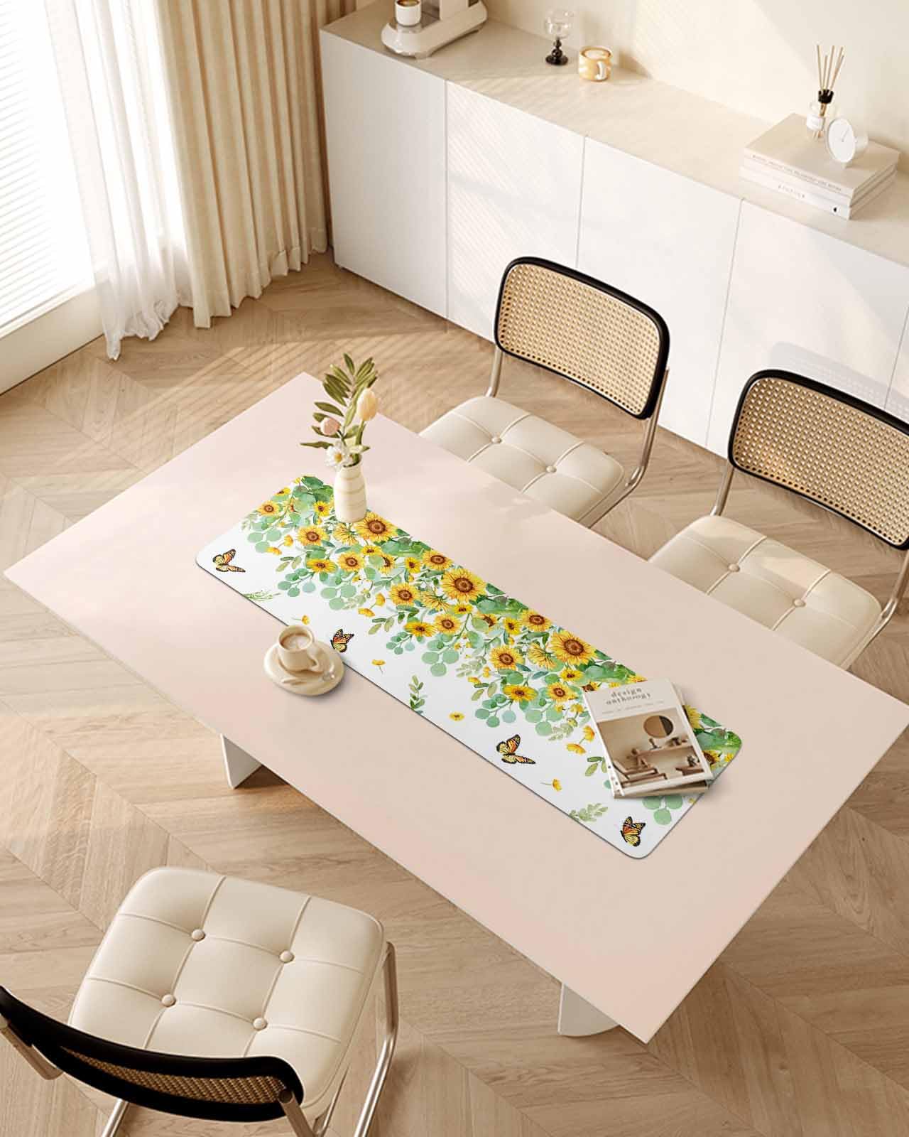 Debedcor Heat Proof Table Pads Waterproof Decorative, Sunflower Farmhouse Non-Slip Table Countertop Protector, Spring Rustic Eucalyptus Butterfly Insulation Mat for Dining Room, 48 x 12 Inches