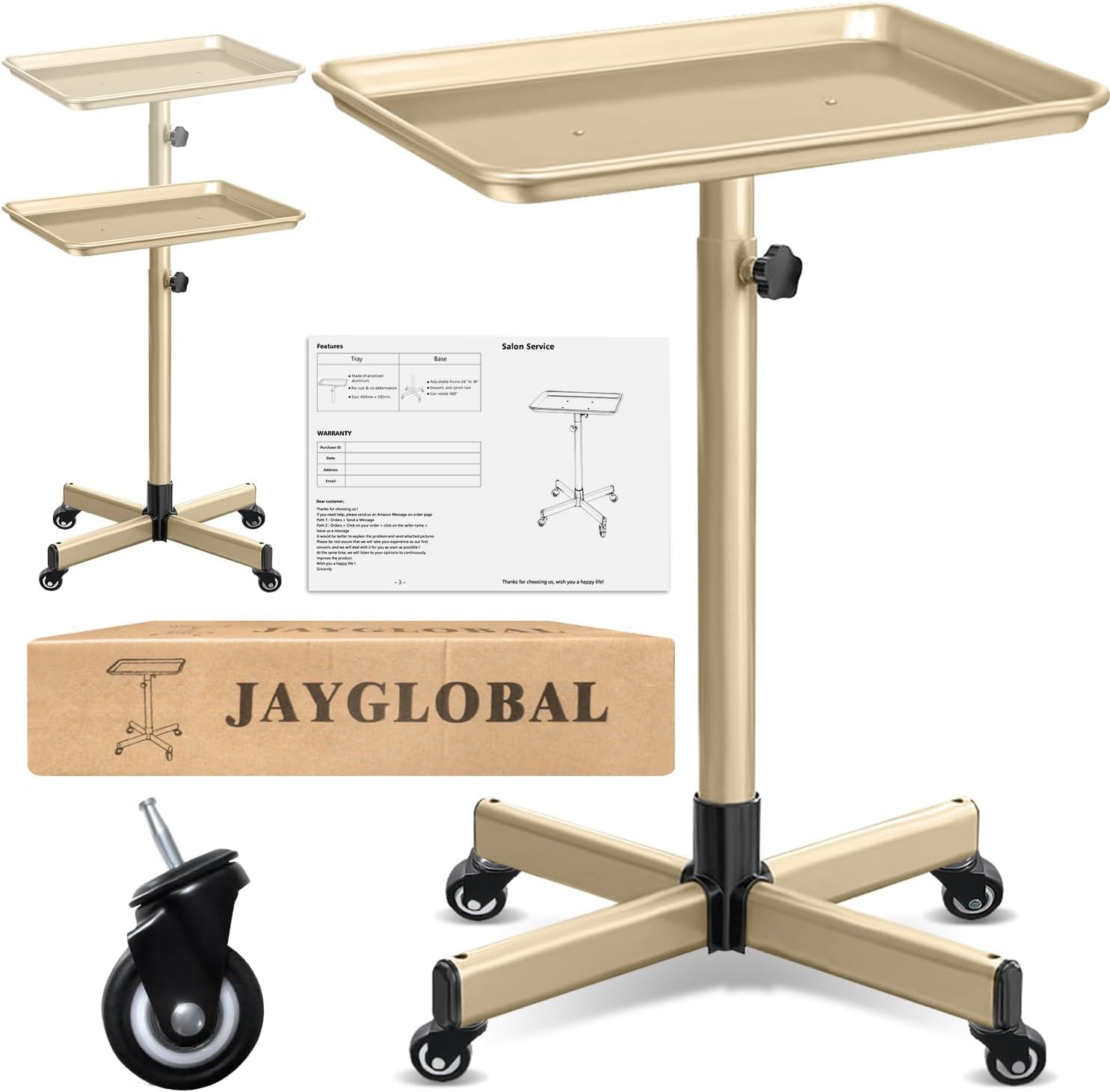 Large Gold Salon Tray On Wheels, Premium Aluminum Rolling Tattoo Tray, Height Adjustable Tattoo Cart Trolley for Hairstylist Salon, Spa & Clinic