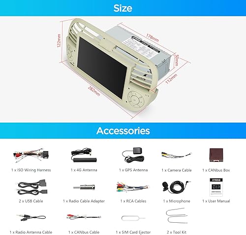 Miniatura 8 de XTRONS Para Fiat 500 (2007-2015) Radio de pantalla táctil, 7 pulgadas Android 13 Estéreo de coche para Fiat 500 Reemplazo Unidad Principal Bluetooth
