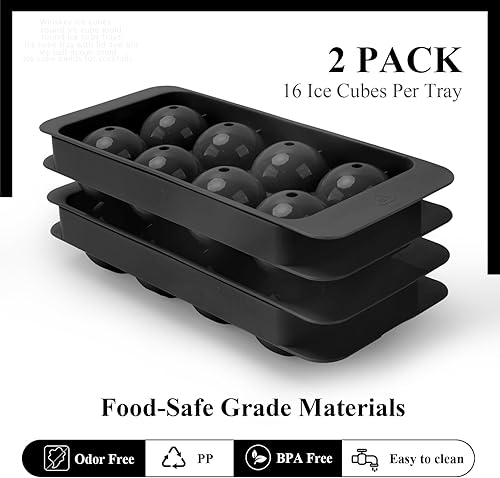 Miniatura 5 de Molde para cubitos de hielo para whisky, 2 bandejas de 8 cubos de hielo de 1.8 pulgadas, bandeja circular para cubitos de hielo con tapa y