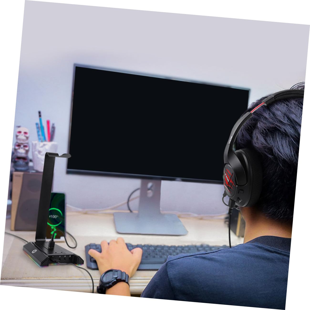 Alipis Soporte para Auriculares Gaming Puerto de Carga USB y Transmisión Inteligente, Material Abs Negro, Diseño Estable para Escritorio y Accesorios Ordenador Sobremesa