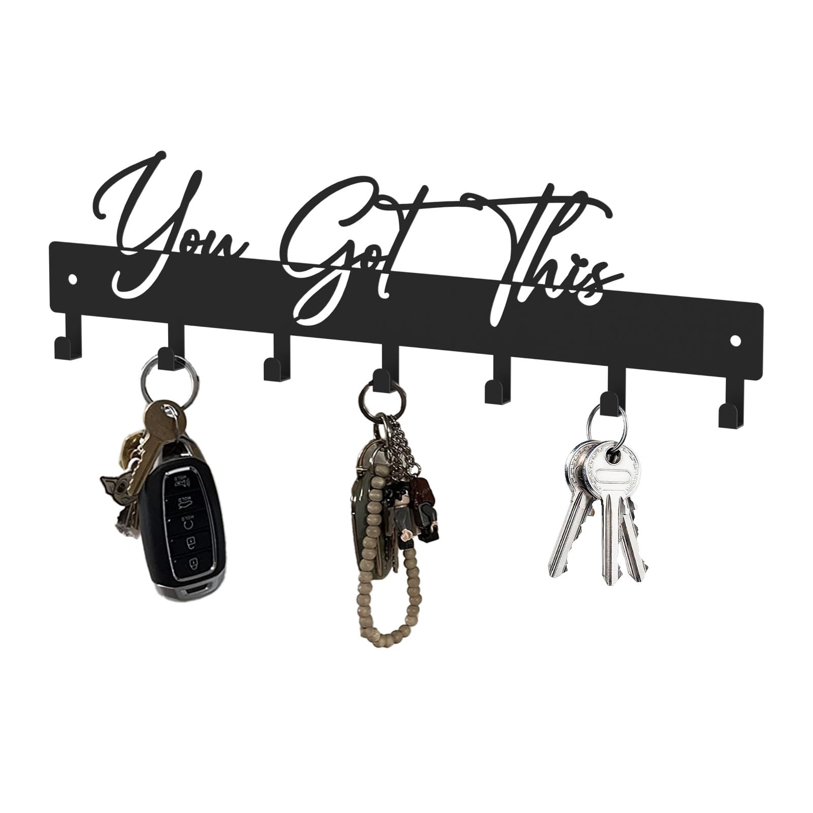 Soporte de llaves de pared con 7 ganchos negros y silueta decorativa de frase
