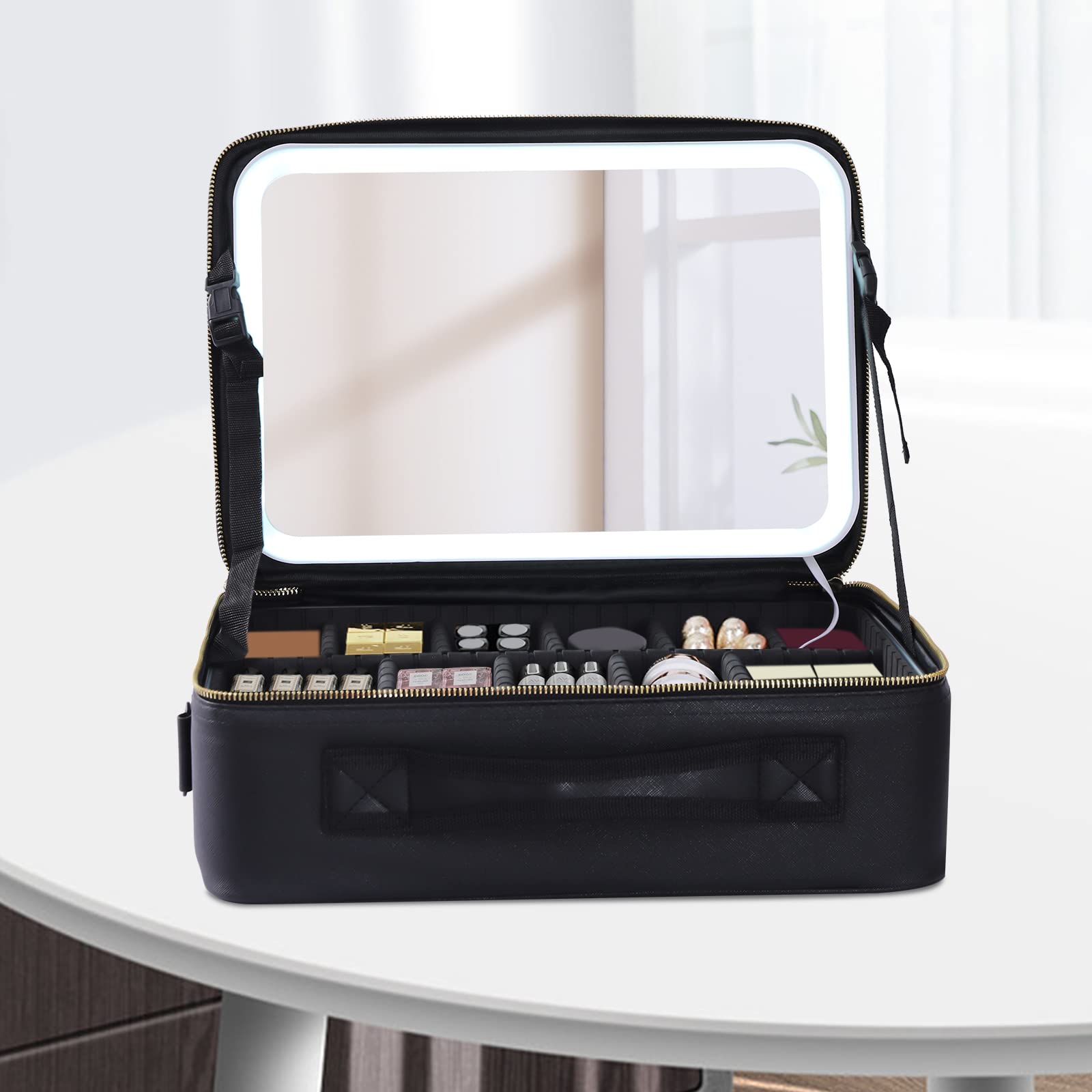 Reise-Makeup-Tasche,Kosmetiktasche Make up Organizer Tasche,3 Farbe Modi einstellbare Helligkeit, wasserdicht PU Leder Makeup Reisekoffer Makeup Zug Tasche,mit Spiegel Tragbar,Schwarz