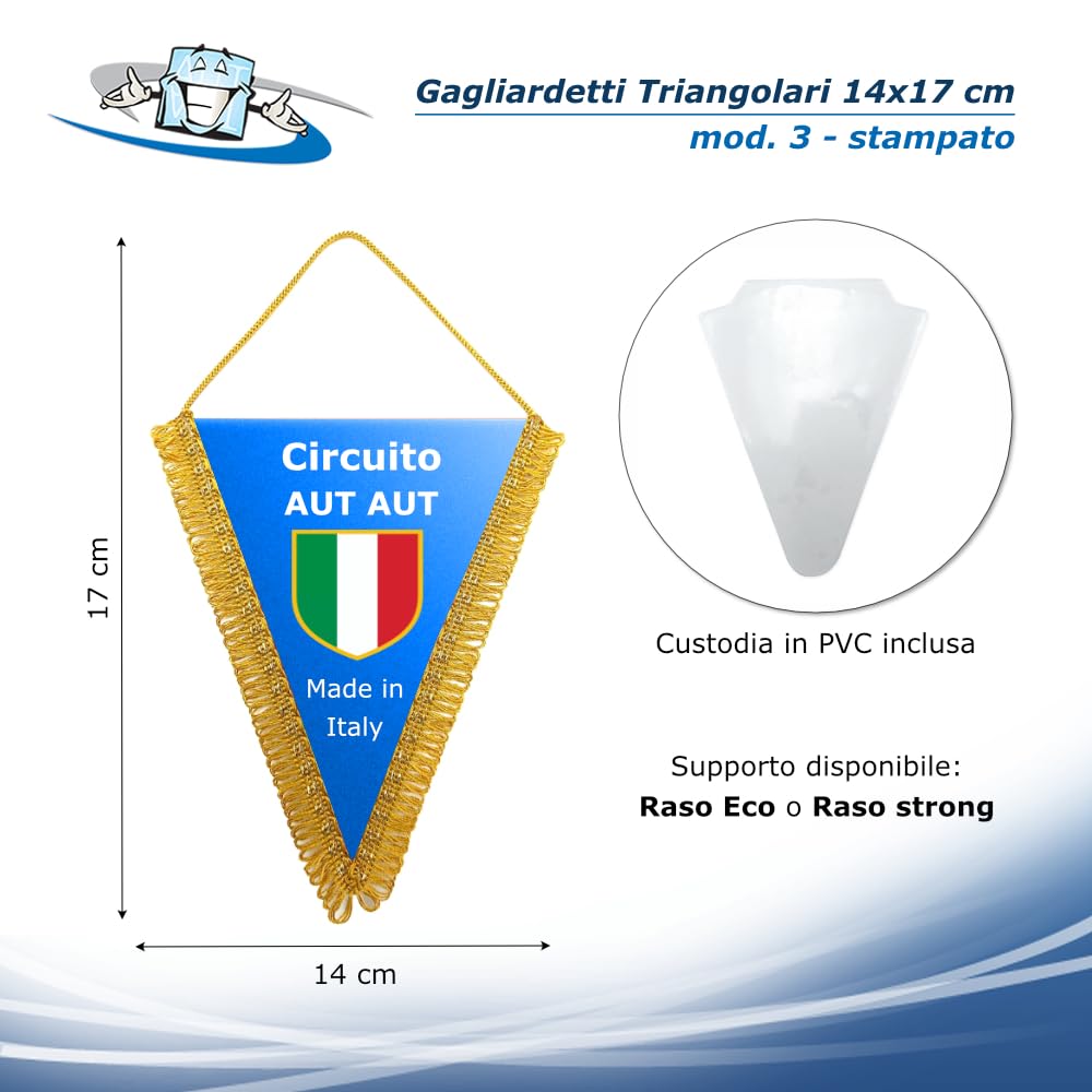 Gagliardetti Neutri o Personalizzati – Confezione 20 o 50 pz. – Forme Triangolare 14x17 cm, Pentagonale 11,5x13 cm, Scudo 10,5x14 cm – Raso Strong/Eco – Frangia Oro o Argento