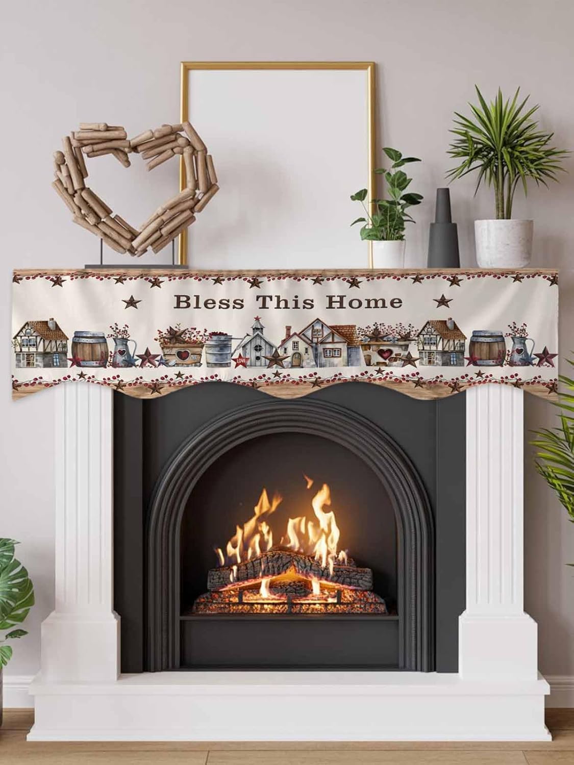 Fireplace Scarf Vintage Farmhouse Wooden Barn Quotes Mantel Scarf Fireplace Top Runner Mantle Scarves Cover,Stars Berry Fireplace Mantle Table Runner for Party Holiday Home Decor