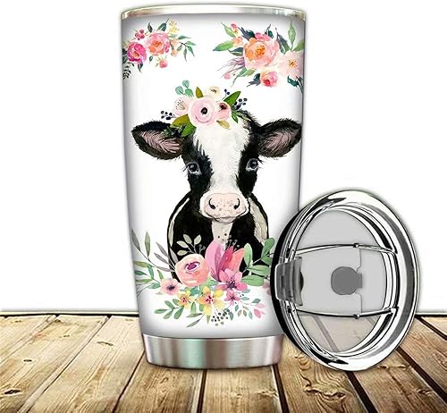 Miniatura 3 de Greture - Vaso térmico de acero inoxidable con tapa y pajilla, diseño de flores, diseño de vaca, de 20 onzas, taza de café con diseño de flores,