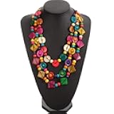 SEWACC Bohemian Shell Necklace Wood Bead Statement Collar Necklace Chunky Layered Handmade Beaded Long for Women (Colorful)