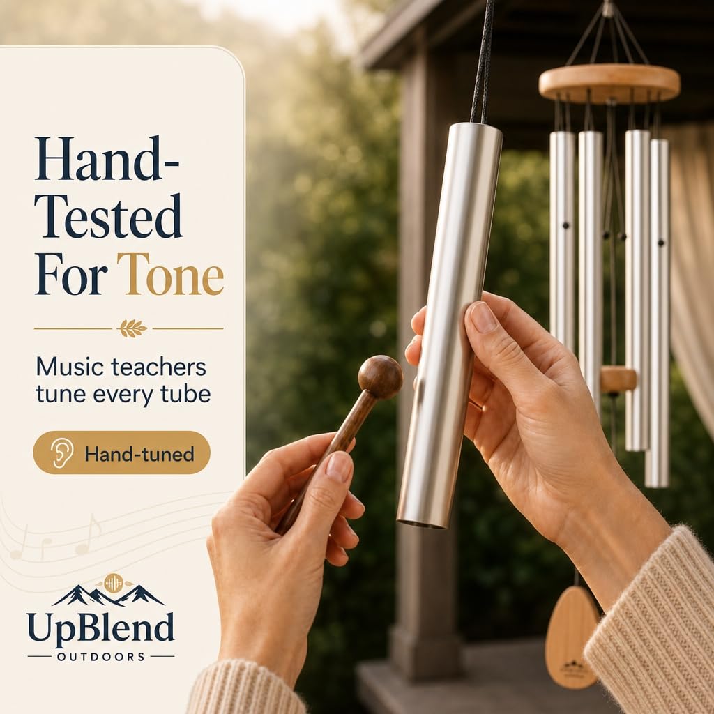 UpBlend Outdoors Carillon éolien pour extérieur – Carillon éolien argenté de 73,7 cm pour l'extérieur, Carillon éolien harmonique pour l'extérieur, Carillon éolien pour Maman, Grand-mère, Carillon à