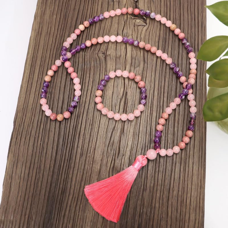 Collier de prière pour apaiser le stress en quartz rose et améthyste