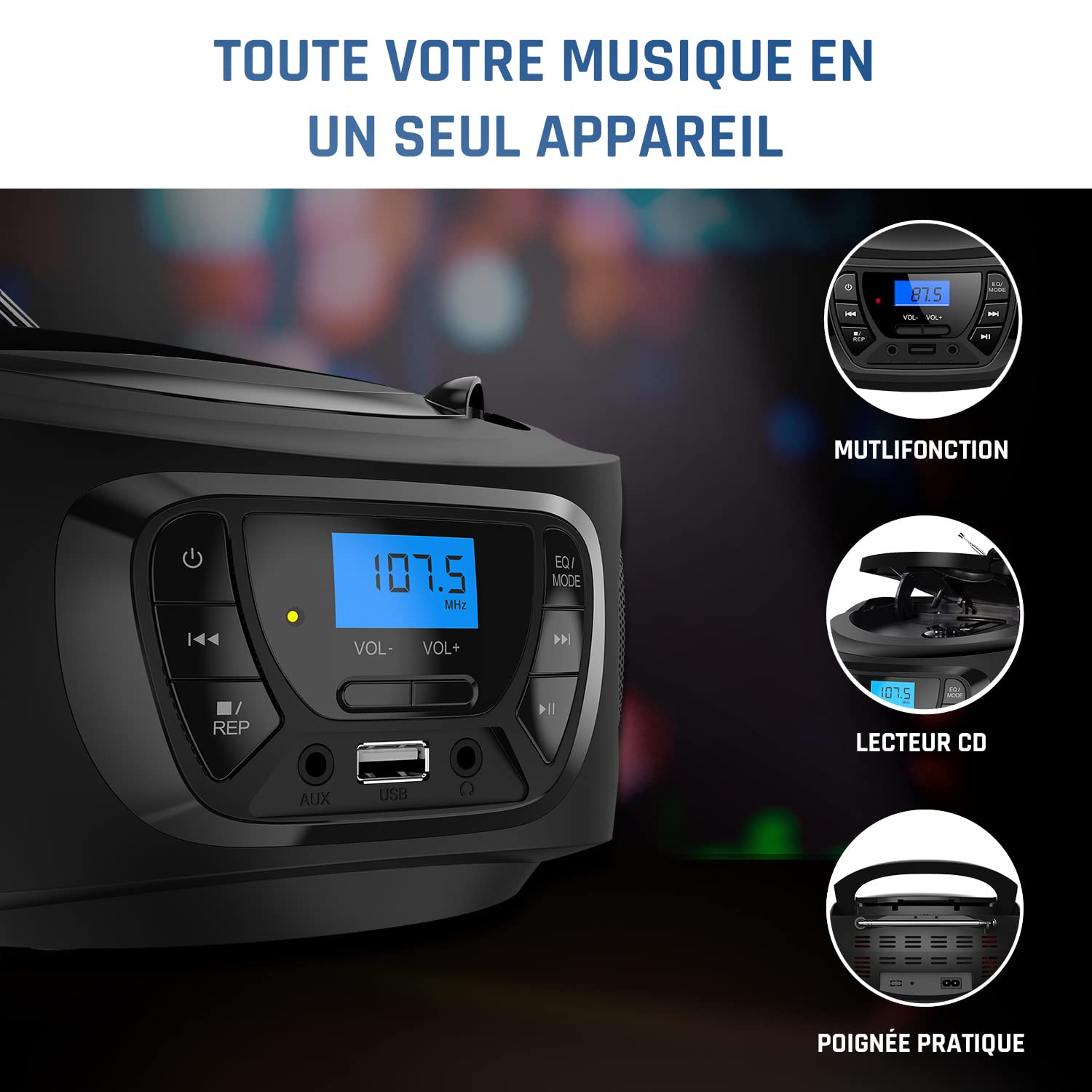 KLIM Boombox Poste Radio CD -Radio FM, Poste CD Bluetooth, MP3, USB, AUX - Piles Rechargeable Incluses - Modes Filaire et sans Fil - Compact et Robuste Lecteur CD Portable- Noir