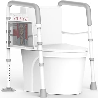 Stand Alone Toilet Safety Rail - Adjustable Width & Height Fit Any Toilet, Medical Toilet Frame for Elderly Handicap Disabled, Folding Handrails with Storage and Padded Handles(White Grey)