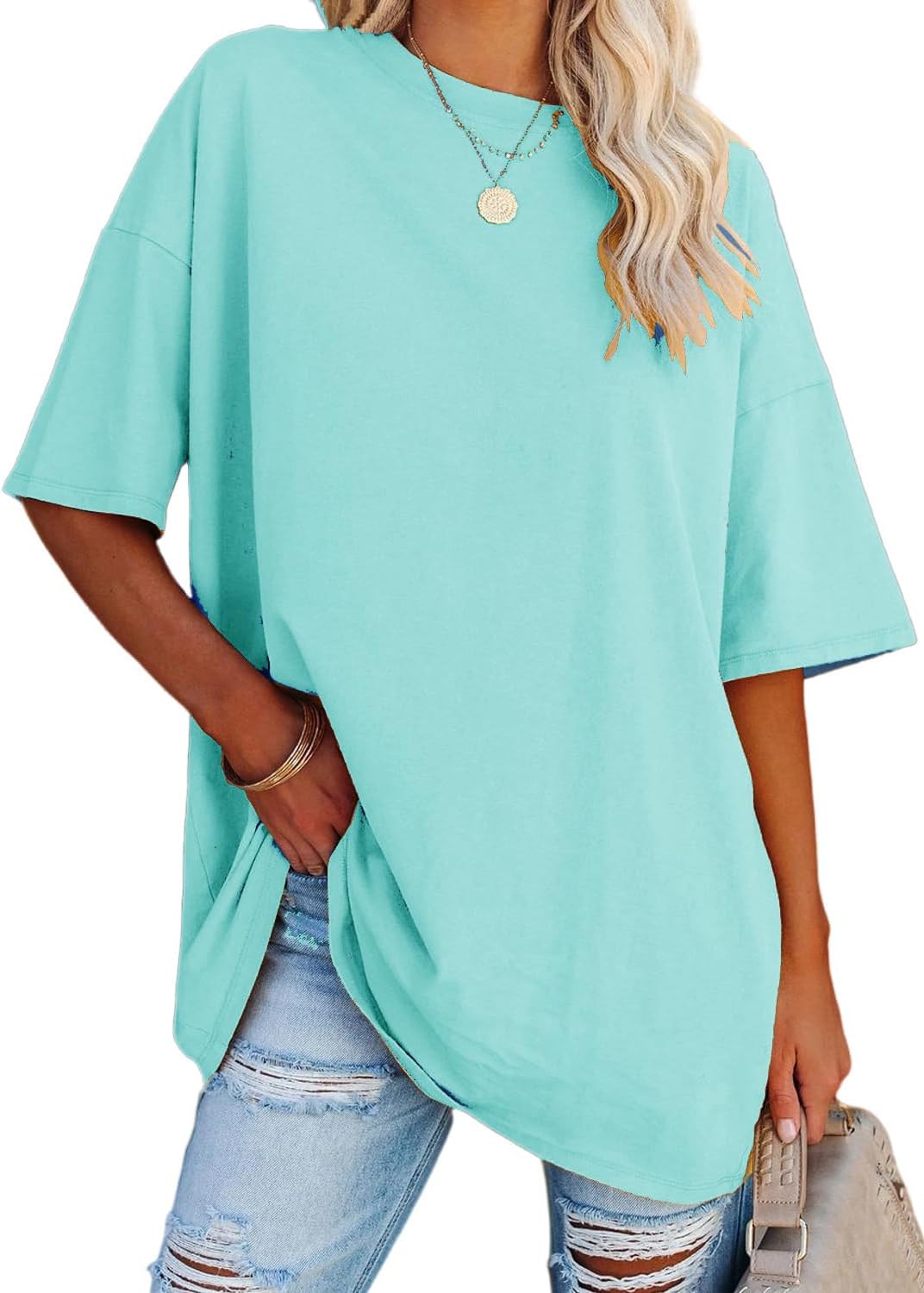 YEXIPO Women's Oversized T Shirts Summer Short Sleeve Loose Fit Casual Crewneck Plain Tunic Tops