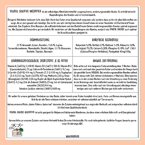 VEGDOG Sensitive hypoallergenes Nassfutter für Sensible Hunde (6 x 400 g) | Adulte Hunde| für ernährungssensible Vierbeiner, gut verdaulich | Alleinfutter für Allergiker mit Lupinenprotein