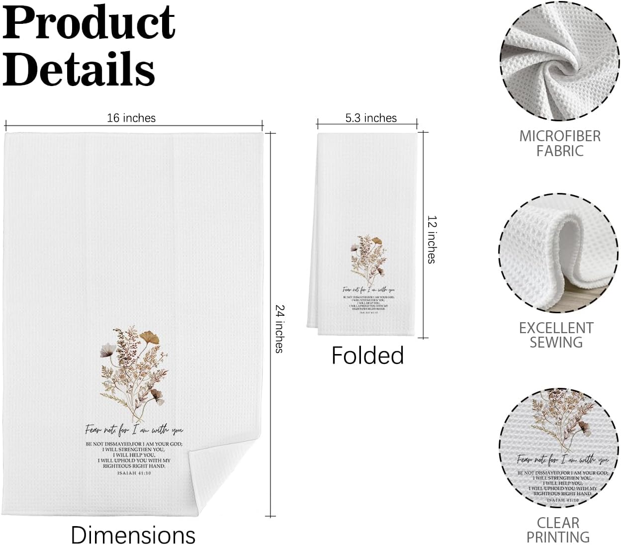 Christian Wildflower Kitchen Towels, Isaiah 41:10 Bible Verse Decor Dish Tea Towels for Kitchen, Faith Based Religious Gifts Hand Towels for Bathroom Decor, Gifts for Women 16x24 Inches