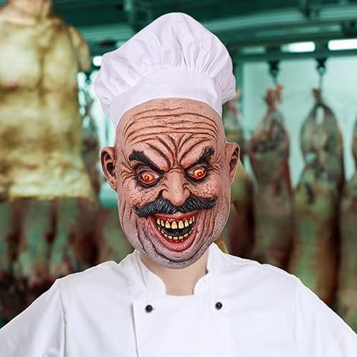 Miniatura 7 de Yeahii Máscara realista de látex barbudo para chef, carnicero, Halloween, casa encantada, fantasma, mascarada, cosplay, accesorios aterradores