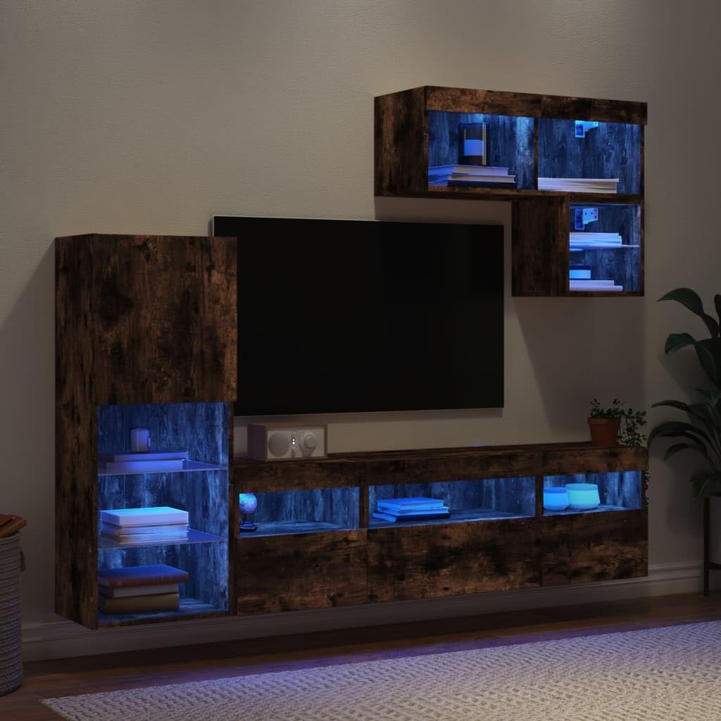 Juego de 6 muebles de pared para TV, madera de roble ahumado, con iluminación LED RGB, montaje en pared, ofrece un amplio espacio de almacenamiento para libros y medios, versátil como pared de