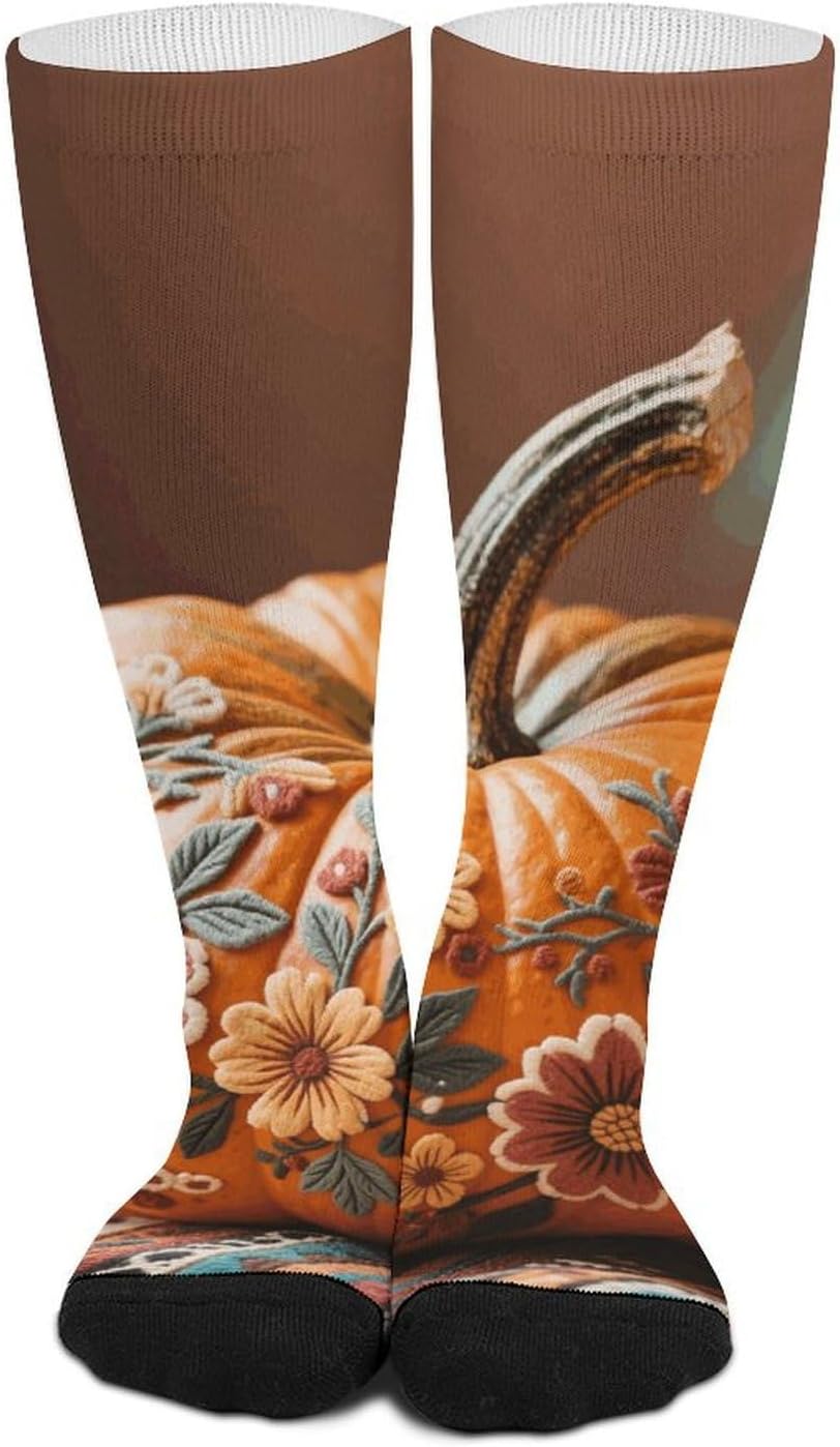 Crew Athletic Socks Breathable Long Socks Fall Pumpkin Ethic Boho Floral Warm Sports Stockings for Women Men 46cm
