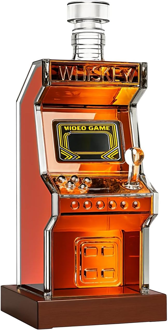 Birthday Gifts for Men Dad, Arcade Whiskey Decanter Set, 750ml Crystal Liquor Dispenser for Home Bar & Walnut Stand - Funny Gift Ideas for Him, Husband - Father, Boyfriend, Christmas, Retro Gamer Set