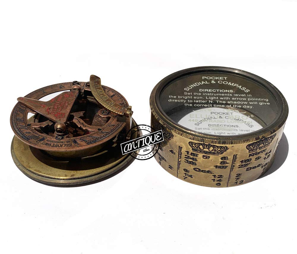 Sailor Antique Brass Telescope in Black Wooden Box + Copper Brass Finish Sundial Compass Attractive Beautiful Christmas Decoration Gifts