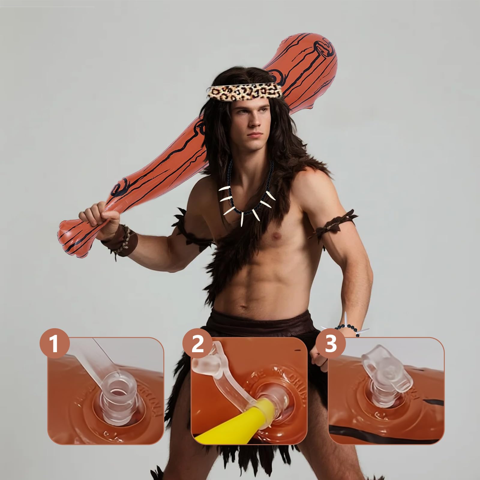 SNBUHA 4 Pieces Caveman Costume Accessories Adult, Inflatable Wooden Stick and Headband Ivory Bracelet Necklace - Image 3