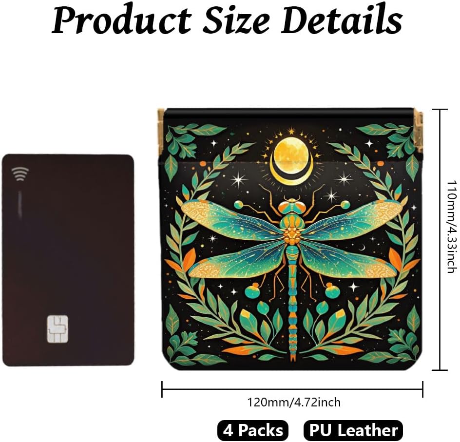 Peacoblue 4Pcs Small Leather Squeeze Coin Purse for Women-Dragonfly Pattern Waterproof & Durable Snap Closure Change Pouch Mini Money Wallet Bag for Adult Teen Girls Best Gift