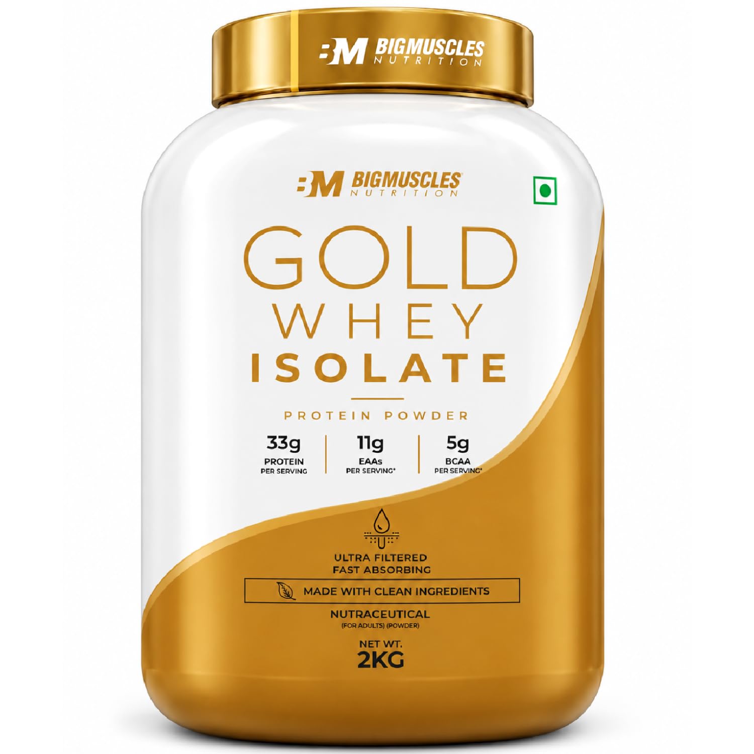 Bigmuscles Nutrition Gold Whey Isolate [2Kg, Albion Strawberry] | 33g Isolate Whey Protein with Bromelian For Faster Absorption | No Added Artificial Sweeteners, Flavours