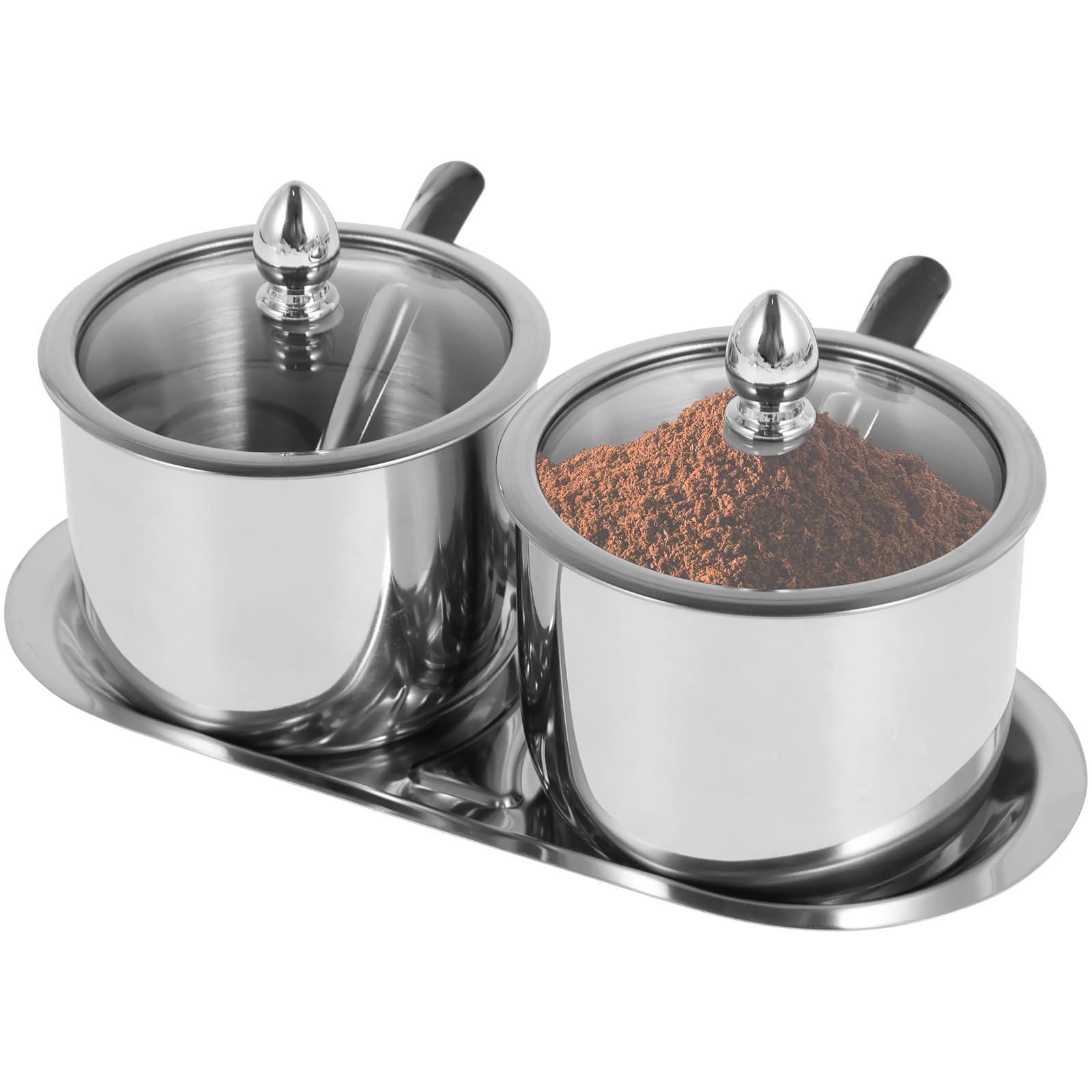 Edelstahl-Schüssel-Set – 2 runde Behälter mit S-Deckel, Löffel und Tablett, rostfreies Se-Glas, Ele Sto für Küche und Essen.
